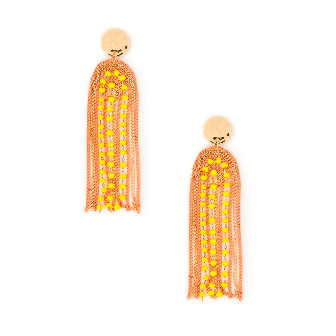 Orecchini in ottone lunghi pendenti con catene in arancio e microcristalli gialli - Mya Accessories