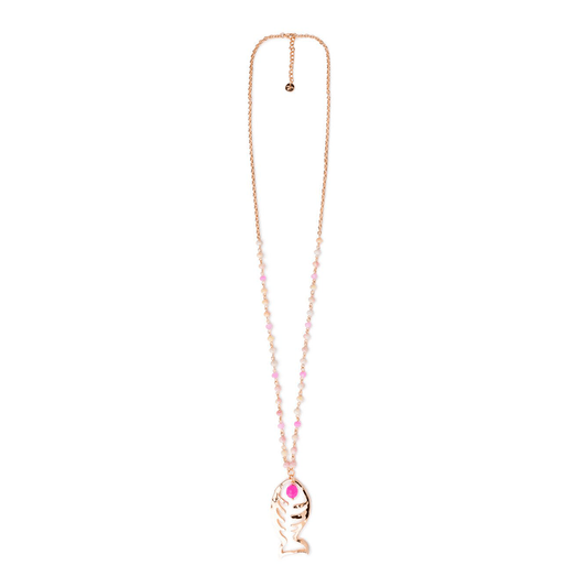 Collana lunga a catena con microcristalli tono rosa pendente a pesce - Mya Accessories