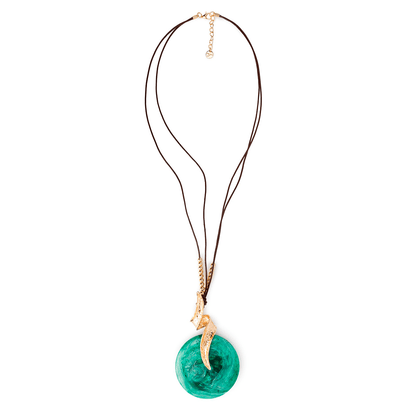 Collana lunga con laccio nero, pendente circolare in resina verde - Mya Accessories