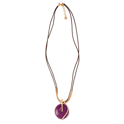 Collana lunga con laccio nero, pendente circolare in resina viola - Mya Accessories