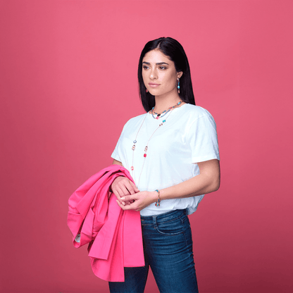 Orecchino pendente con microcristalli verdi e magenta - Mya Accessories