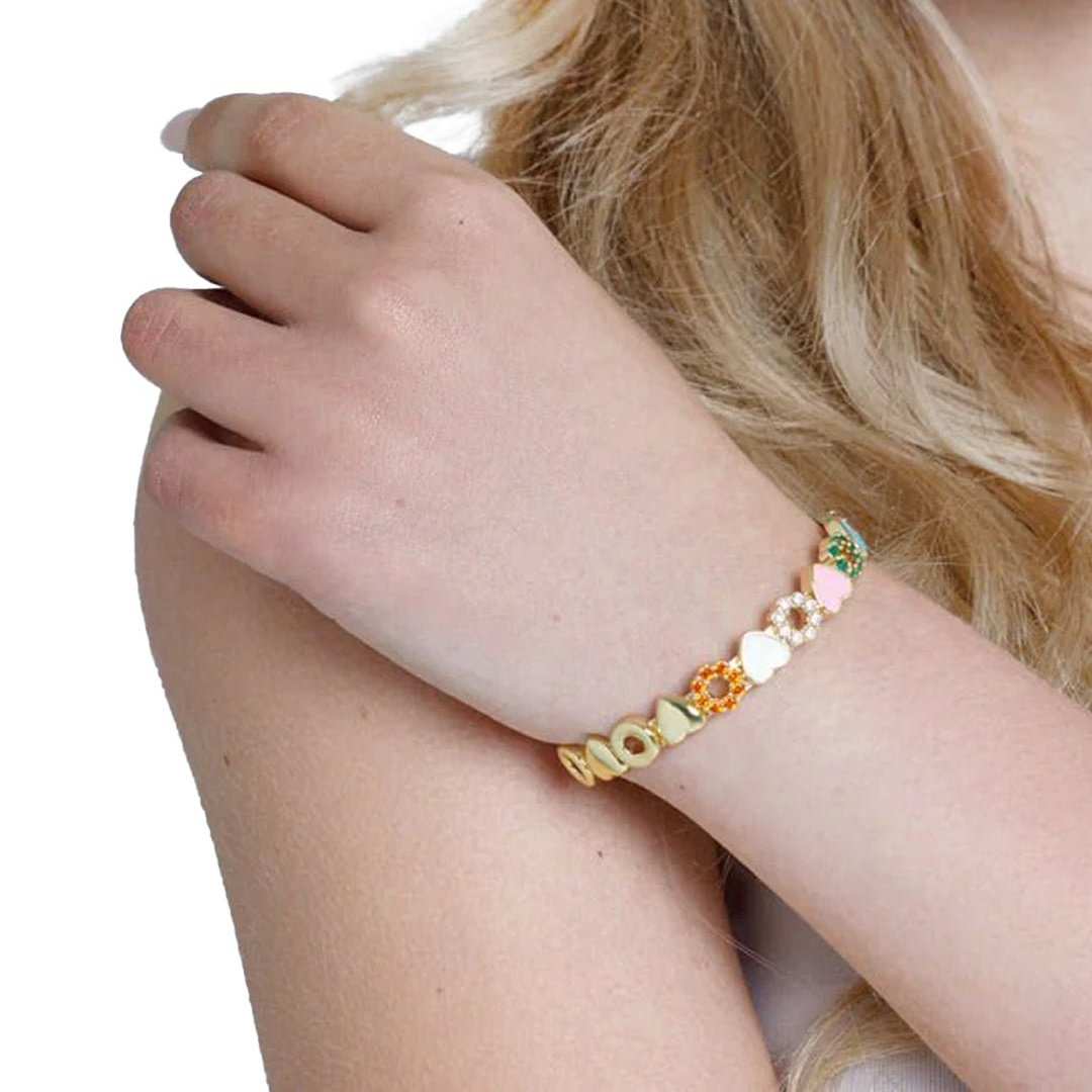 Bracciale in ottone con cuoricini smaltati e zirconi multicolore - Mya Accessories