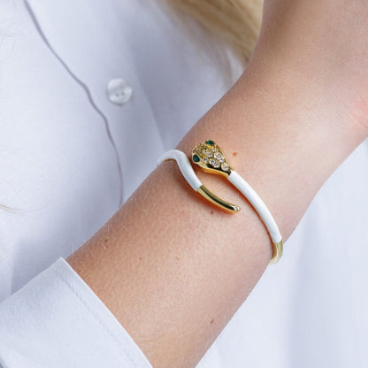 Bracciale in ottone a serpente smaltato bianco con zirconi - Mya Accessories