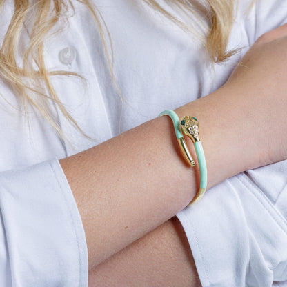 Bracciale in ottone a serpente smaltato verde acqua con zirconi - Mya Accessories