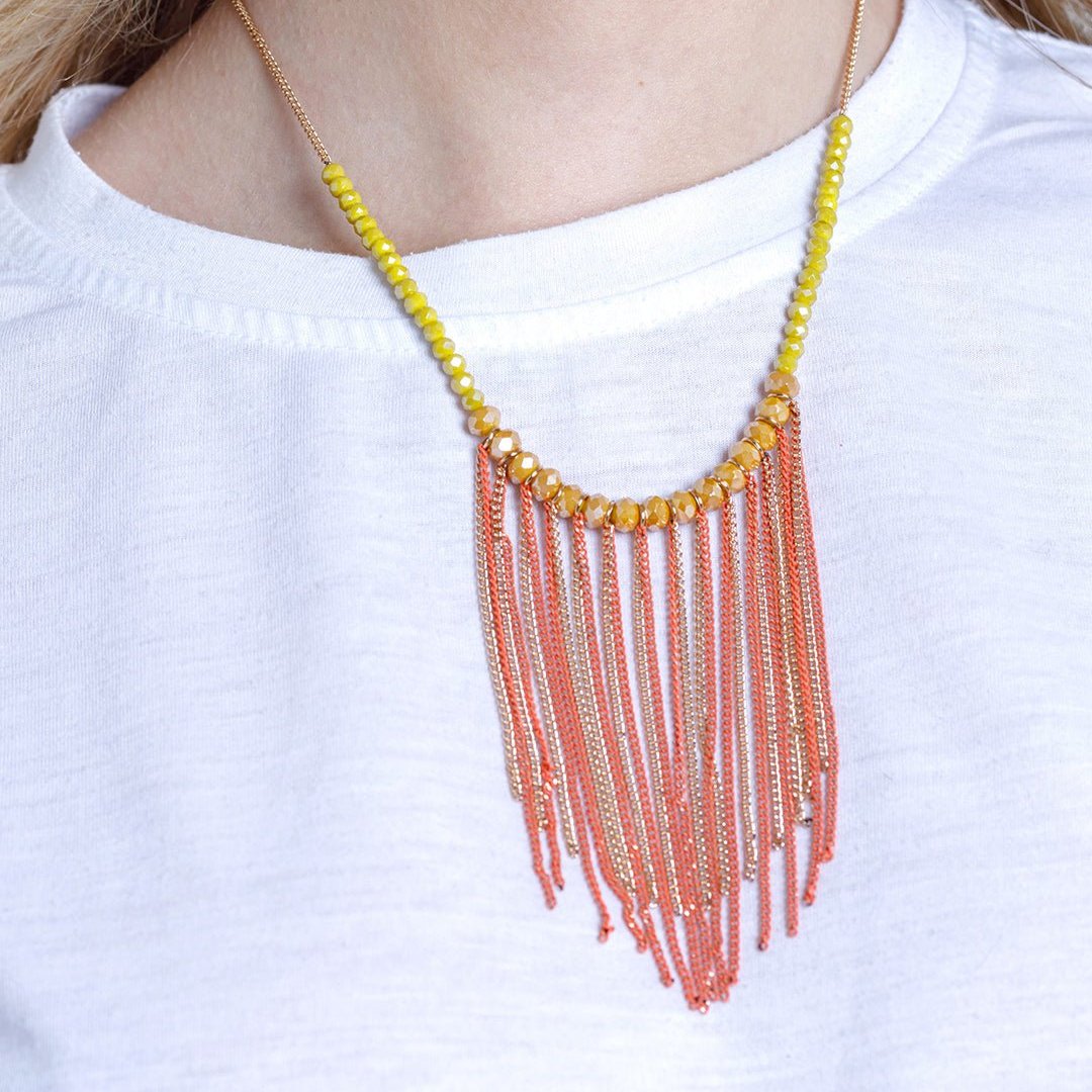 Collana girocollo con microcristalli gialli e frange a catena in ottone arancio - Mya Accessories