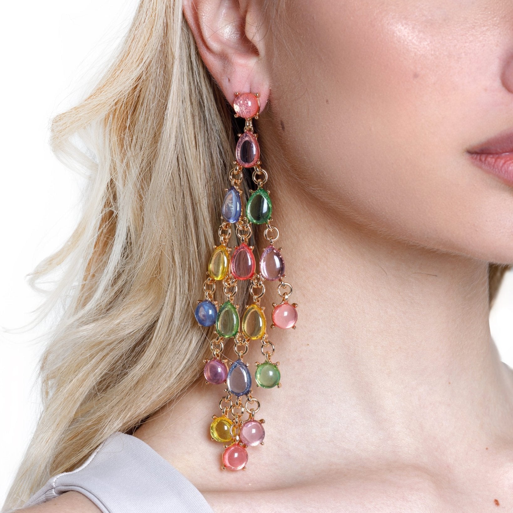 Orecchini pendenti in metallo con pietre in vetro e resina multicolore - Mya Accessories